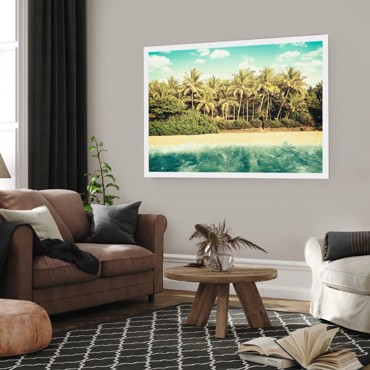 Affiche - Poster - Plage tropicale avec palmiers et mer turquoise - 100x70cm - Peut-être ici? - Décoration murale moderne pour le salon et la chambre ARTTOR