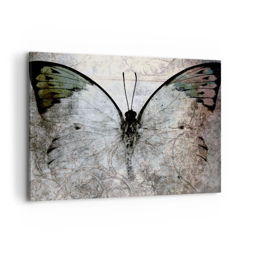 Impression sur toile - Image sur toile - Un papillon dans les tons de vert et de gris sur un fond décoratif - 100x70cm - Dans le style Art Nouveau - Décoration murale moderne pour le salon et la chambre ARTTOR