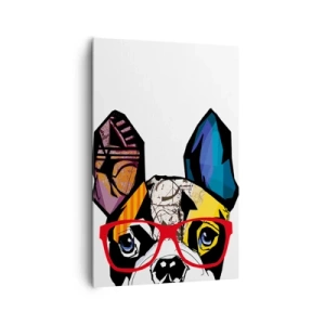 Impression sur toile - Image sur toile - Bouledogue dans une illustration colorée avec des lunettes rouges - 80x120cm - Intellectuel - Décoration murale moderne pour le salon et la chambre ARTTOR