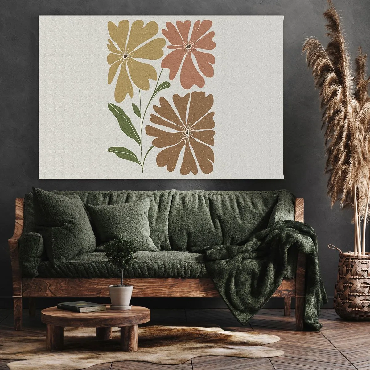 Impression sur toile - Image sur toile - Trois fleurs aux couleurs chaudes sur un fond clair - 70x50cm - Nature et géométrie - Décoration murale moderne pour le salon et la chambre ARTTOR