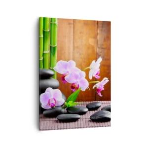 Impression sur toile - Image sur toile - Bambou de style zen, pierres et orchidées roses sur fond de bois - 50x70cm - Rencontrez les plaisirs de l'est - Décoration murale moderne pour le salon et la chambre ARTTOR