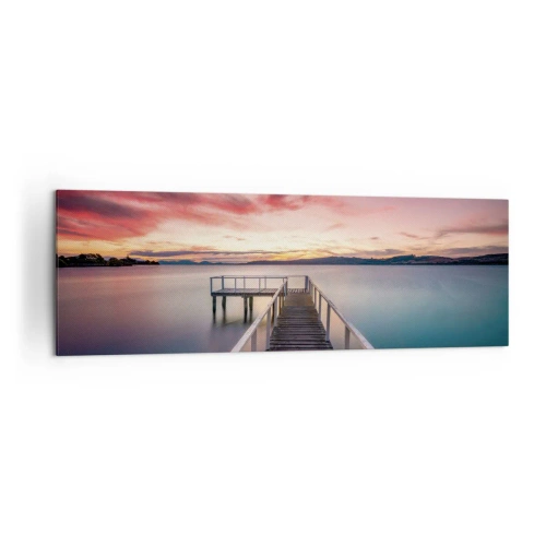 Impression sur toile - Image sur toile - Une jetée menant à un lac tranquille au coucher du soleil - 160x50cm - La douce flamme du soir - Décoration murale moderne pour le salon et la chambre ARTTOR