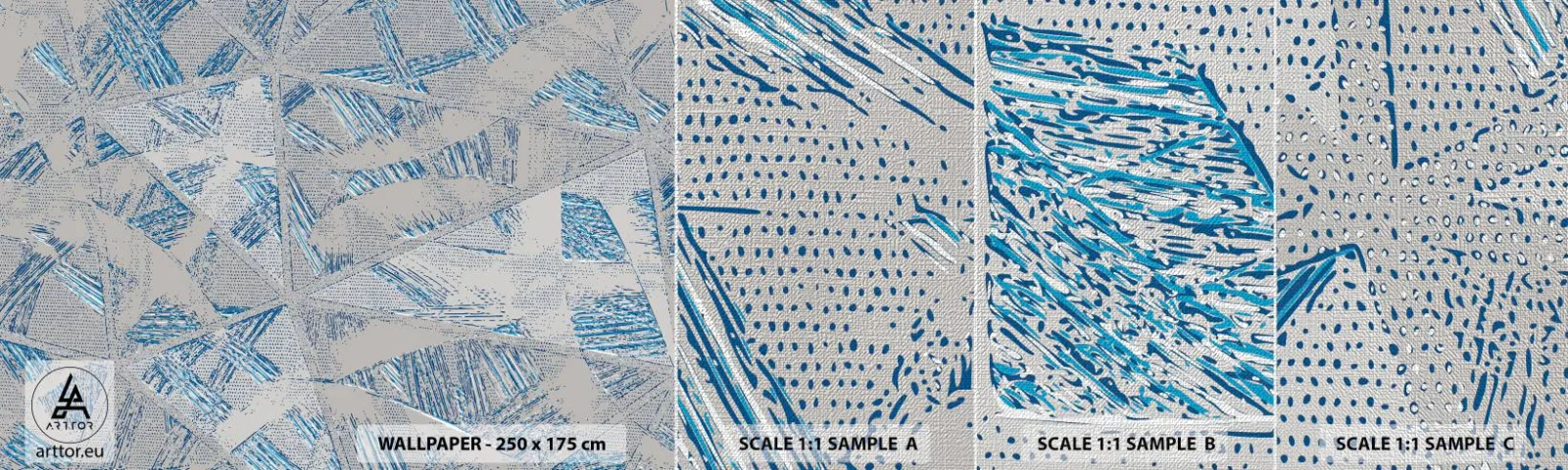 Échantillon de Papier Peint Premium Canvas - Dans un labyrinthe bleu-gris - Gribouillis, Brillant, Chaos - 100x30 cm