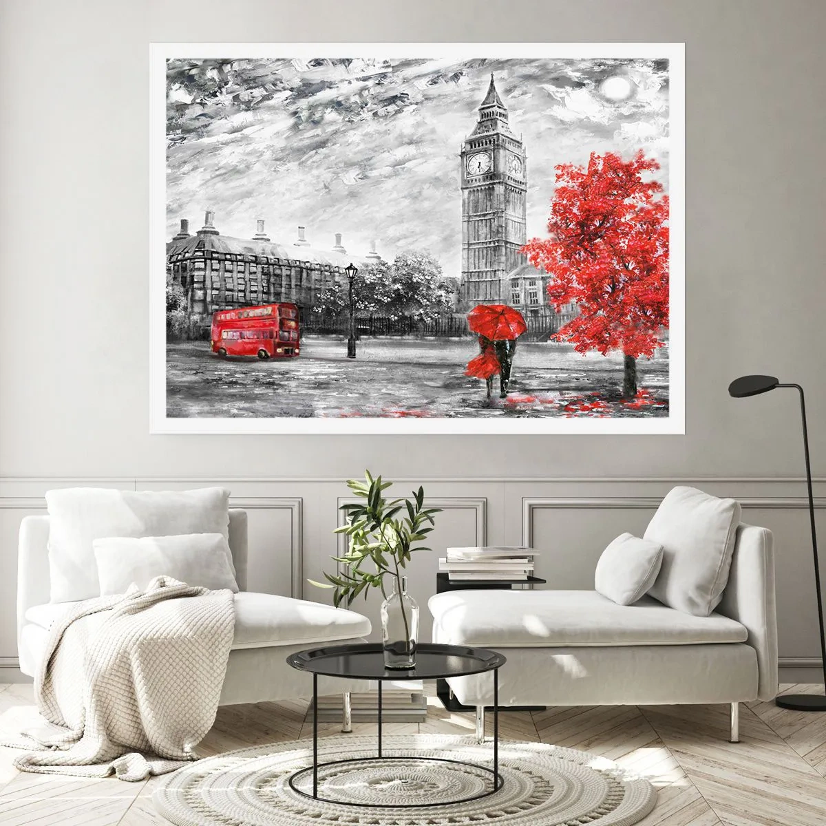 Affiche - Poster - Vue emblématique de Londres avec Big Ben, un bus rouge et un parapluie - 100x70cm - Une journée passionnante - Décoration murale moderne pour le salon et la chambre ARTTOR