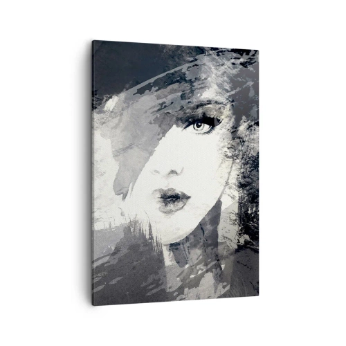 Impression sur toile - Image sur toile - Un portrait abstrait d'une femme dans des tons de gris avec des accents délicats. - 50x70cm - Derrière un voile gris - Décoration murale moderne pour le salon et la chambre ARTTOR