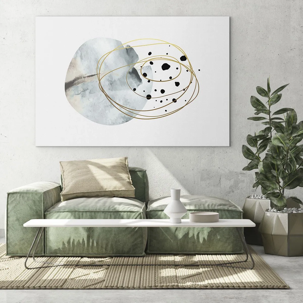 Impression sur verre - Image sur verre - Composition abstraite avec une tache bleue et des lignes dorées - 100x70cm - Emmêlement de l'espace - Décoration murale moderne pour le salon et la chambre ARTTOR