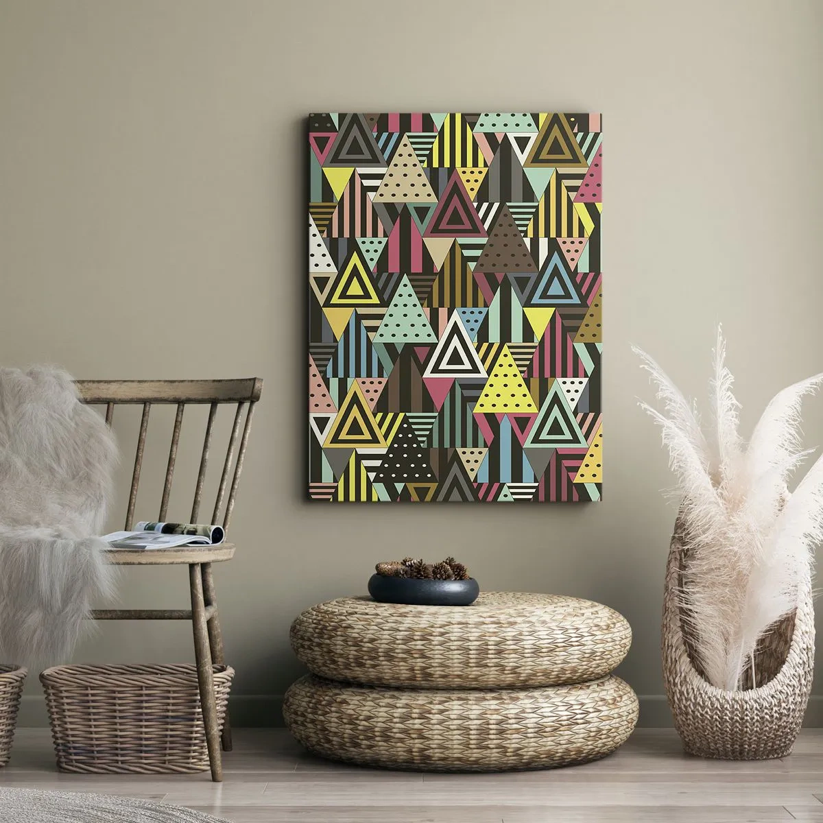Impression sur toile - Image sur toile - Motif géométrique coloré avec des triangles et des lignes - 70x100cm - En rythme de trois - Décoration murale moderne pour le salon et la chambre ARTTOR