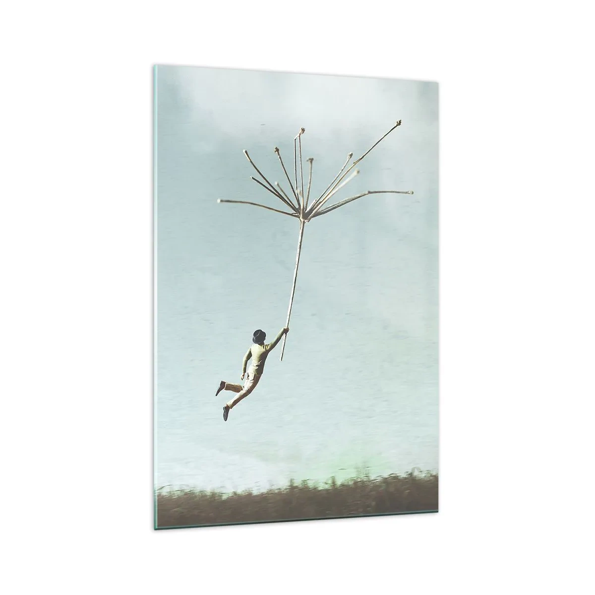 Impression sur verre - Image sur verre - Une silhouette soulevée par une grosse graine de pissenlit - 70x100cm - Cerfs-volants, pissenlits, vent - Décoration murale moderne pour le salon et la chambre ARTTOR