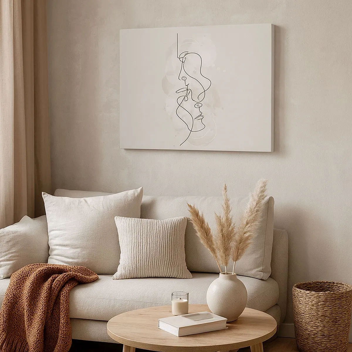 Impression sur toile - Image sur toile - Contour abstrait de deux visages sur fond clair - 70x50cm - Emmêlé dans une étreinte - Décoration murale moderne pour le salon et la chambre ARTTOR