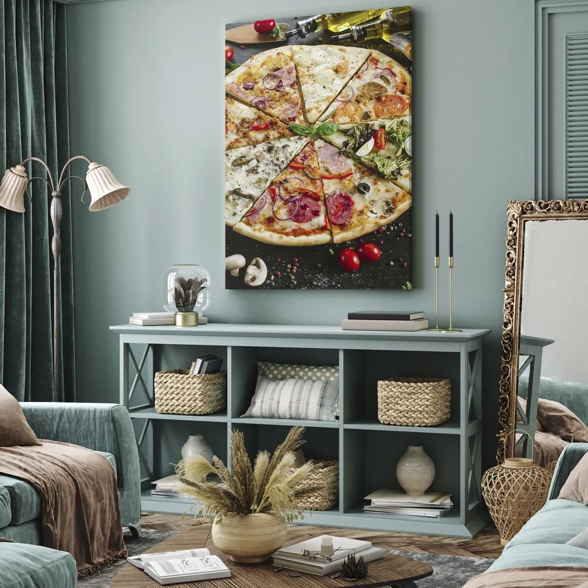 Impression sur toile - Image sur toile - Pizza aux saveurs variées avec un fond de garnitures - 80x120cm - Une gamme de saveurs - Décoration murale moderne pour le salon et la chambre ARTTOR