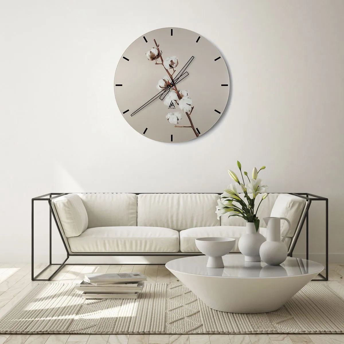 Horloge murale - Pendule murale - Un brin de coton sur fond beige dans un style minimaliste - 30x30cm - A la source de la douceur - Décoration murale moderne pour le salon, la cuisine et la chambre ARTTOR