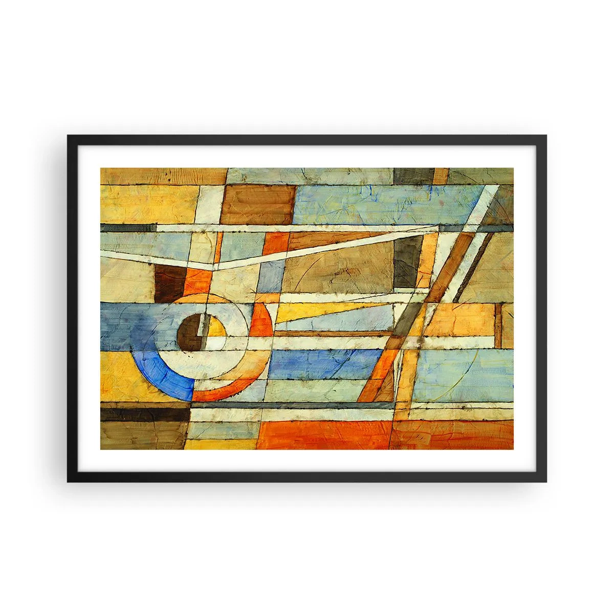 Affiche dans un cadre noir - Poster - Abstraction géométrique dans les tons beige, bleu et orange - 70x50cm - Cubisme sur le chantier - Décoration murale moderne pour le salon et la chambre ARTTOR