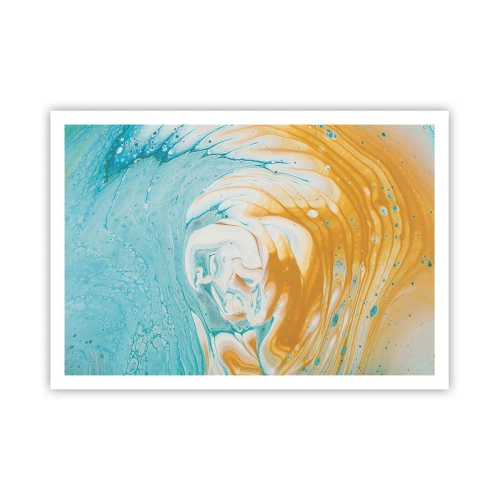 Affiche - Poster - Vagues abstraites dans des tons de bleu et d'or sur toile - 100x70cm - Tourbillon pastel - Décoration murale moderne pour le salon et la chambre ARTTOR