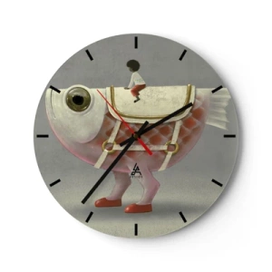 Horloge murale - Pendule murale - Une figure sur un gros poisson avec une selle et des bottes sur un fond gris - 30x30cm - Le cavalier poisson - Décoration murale moderne pour le salon, la cuisine et la chambre ARTTOR