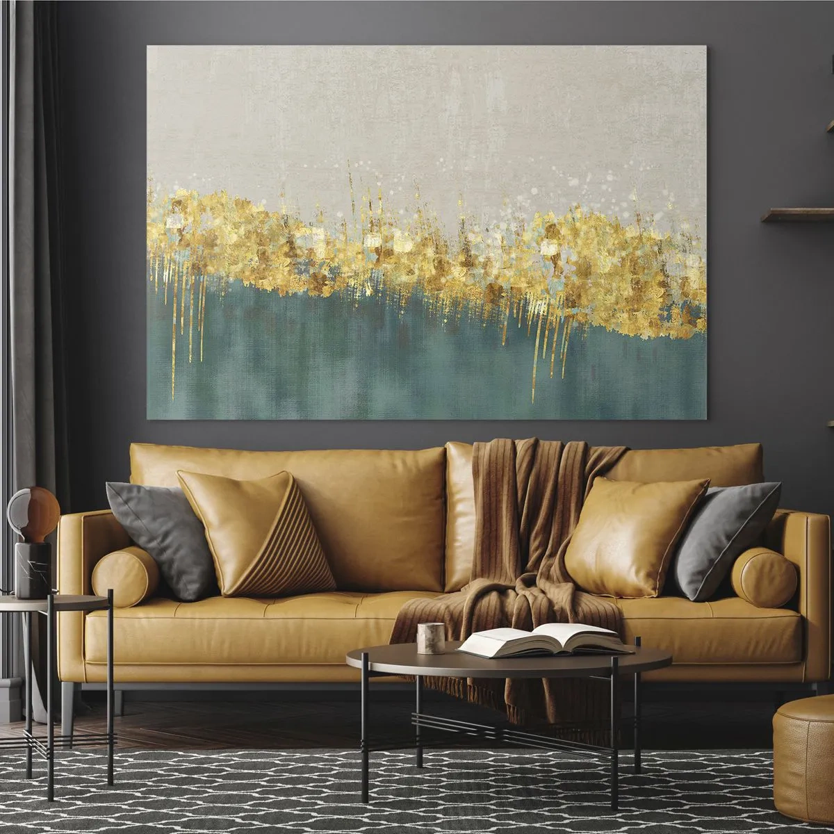 Impression sur verre - Image sur verre - Les accents dorés créent une frontière entre le beige et le vert bouteille - 100x70cm - La frontière dorée - Décoration murale moderne pour le salon et la chambre ARTTOR