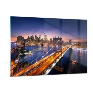 Impression sur verre - Image sur verre - Le pont sur fond de panorama urbain nocturne avec des gratte-ciel illuminés - 120x80cm - Un pont lumineux au cœur de la ville - Décoration murale moderne pour le salon et la chambre ARTTOR