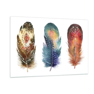 Impression sur verre - Image sur verre - Trois plumes colorées aux motifs ethniques - 120x80cm - Rituels, cérémonies, secrets - Décoration murale moderne pour le salon et la chambre ARTTOR