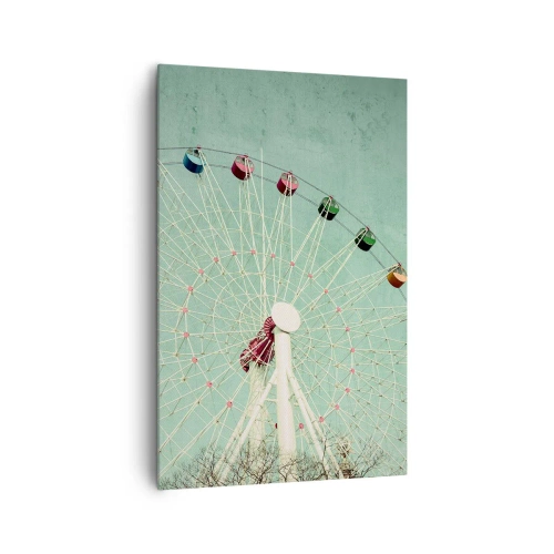 Impression sur toile - Image sur toile - Une grande roue colorée contre un ciel bleu dans un style rétro - 80x120cm - Nous vous invitons à vous amuser - Décoration murale moderne pour le salon et la chambre ARTTOR