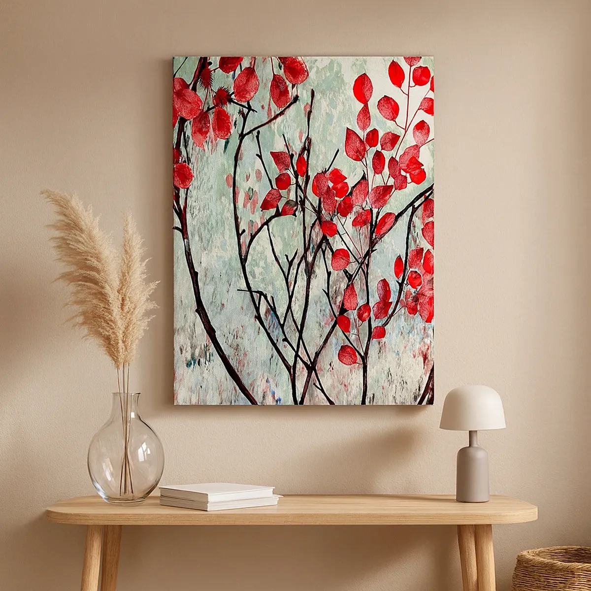 Impression sur toile - Image sur toile - Feuilles rouges sur un ciel lumineux avec des motifs abstraits - 50x70cm - Arbre en écarlate - Décoration murale moderne pour le salon et la chambre ARTTOR