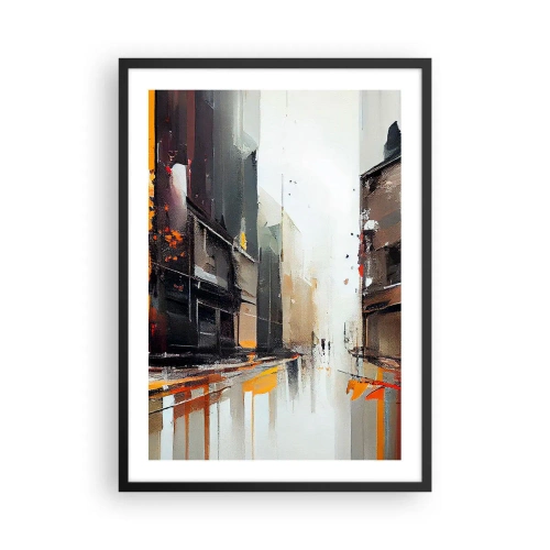 Affiche dans un cadre noir - Poster - Panorama urbain abstrait dans les tons de gris et d'orange - 50x70cm - Jour de pluie - Décoration murale moderne pour le salon et la chambre ARTTOR