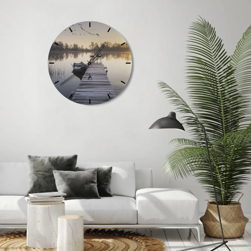 Horloge murale - Pendule murale - Une jetée avec un bateau au lever du soleil sur le lac - 30x30cm - Je reviendrai - Décoration murale moderne pour le salon, la cuisine et la chambre ARTTOR