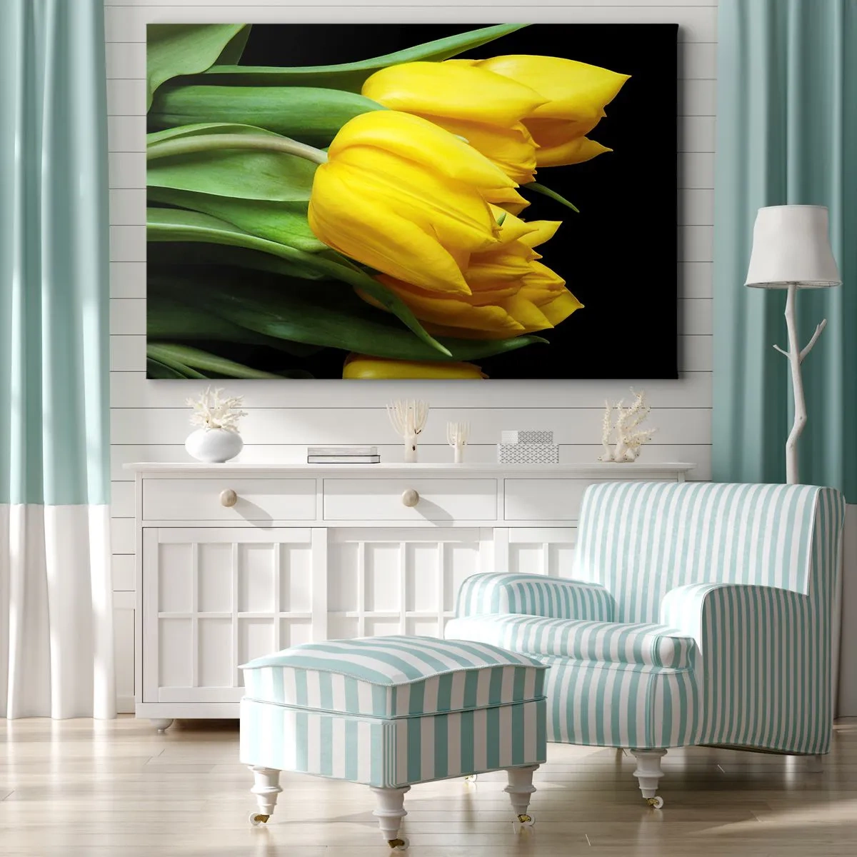 Impression sur toile - Image sur toile - Un bouquet de tulipes jaunes sur fond noir - 100x70cm - Lever de soleil pur - Décoration murale moderne pour le salon et la chambre ARTTOR