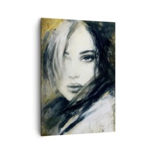 Impression sur toile - Image sur toile - Portrait d'une femme sur fond de taches abstraites dans les tons beiges - 50x70cm - plutôt innocente ou sensuelle ? - Décoration murale moderne pour le salon et la chambre ARTTOR