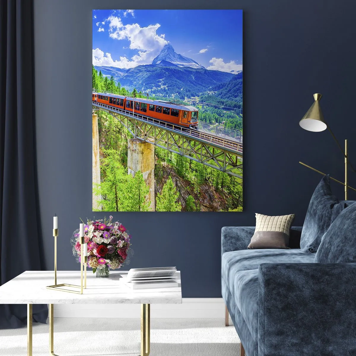 Impression sur verre - Image sur verre - Train alpin sur un pont surplombant une cascade - 50x70cm - Train dans les Alpes - Décoration murale moderne pour le salon et la chambre ARTTOR