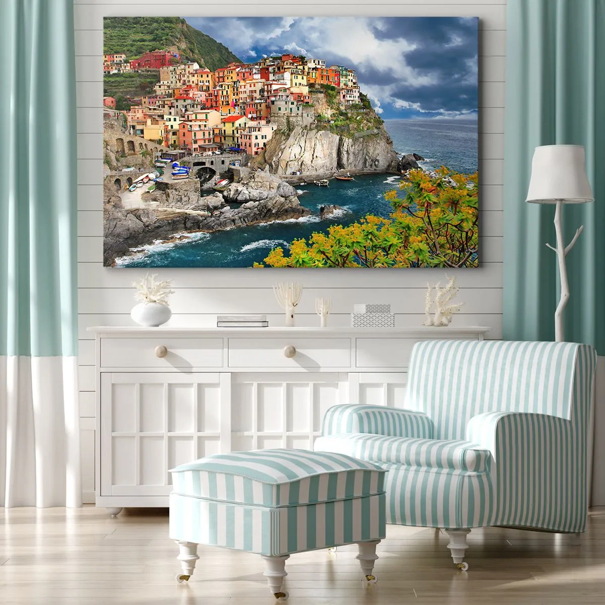Impression sur toile - Image sur toile - Maisons colorées sur une falaise surplombant la mer aux Cinque Terre - 70x50cm - Un groupe embrassant les rochers - Décoration murale moderne pour le salon et la chambre ARTTOR