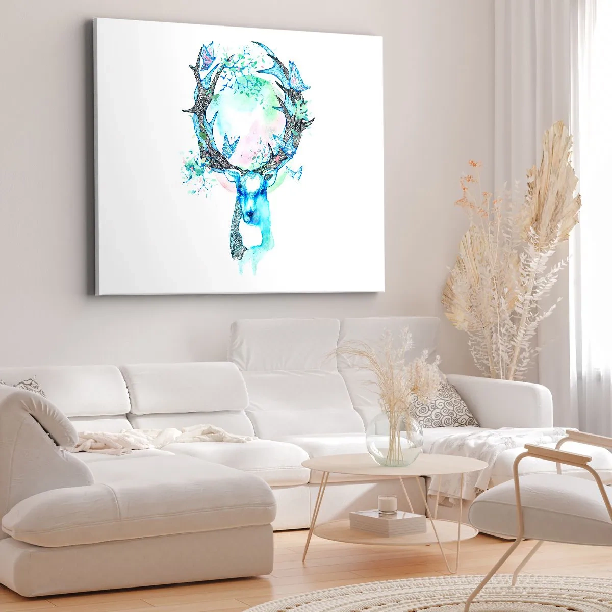 Impression sur toile - Image sur toile - Un graphique de cerf fantaisiste avec un motif de nature et de papillon - 120x80cm - La force et la délicatesse de la nature - Décoration murale moderne pour le salon et la chambre ARTTOR