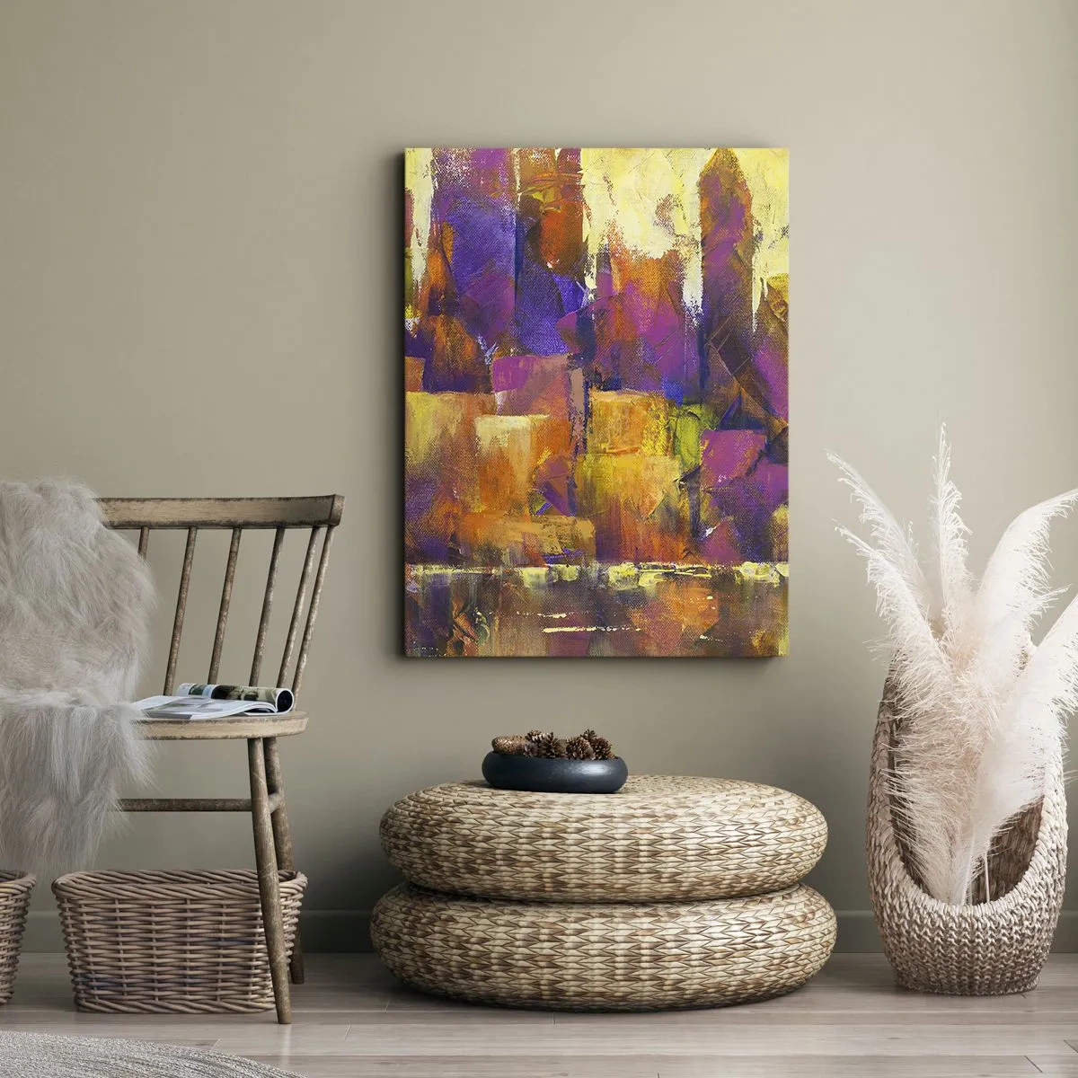 Impression sur toile - Image sur toile - Composition abstraite d'une métropole dans les tons jaune et violet - 80x120cm - Composition métropolitaine - Décoration murale moderne pour le salon et la chambre ARTTOR