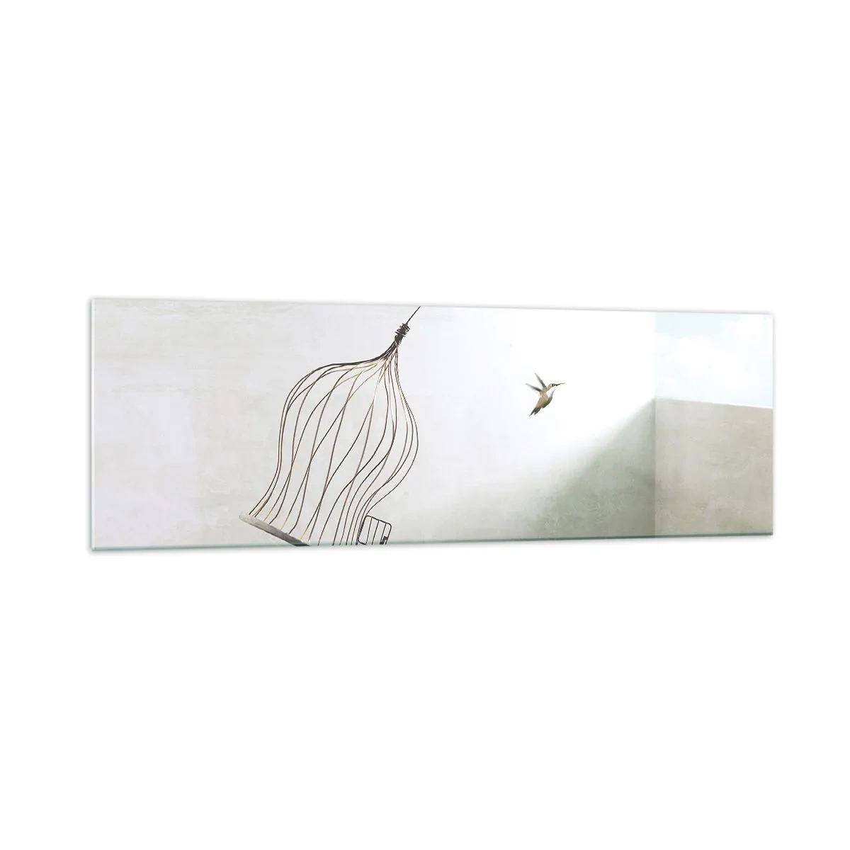 Impression sur verre - Image sur verre - Un oiseau libéré d'une cage sur fond de ciel lumineux - 160x50cm - Dans son élément - Décoration murale moderne pour le salon et la chambre ARTTOR