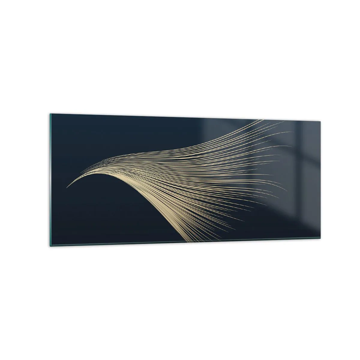 Impression sur verre - Image sur verre - Une ligne délicate en forme de plume sur un fond bleu marine - 120x50cm - Comme les cheveux d'un ange - Décoration murale moderne pour le salon et la chambre ARTTOR