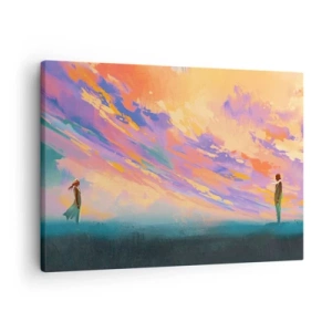 Impression sur toile - Image sur toile - Une scène dynamique avec des personnages sur fond de ciel coucher de soleil coloré - 70x50cm - La force d'attraction - Décoration murale moderne pour le salon et la chambre ARTTOR