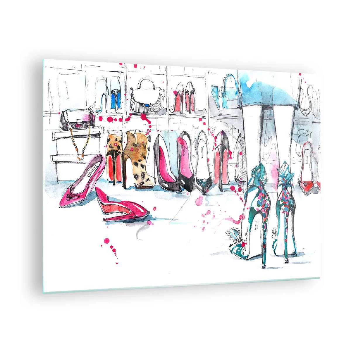 Impression sur verre - Image sur verre - Illustration de talons hauts élégants dans un magasin - 70x50cm - Sésame, ouvre-toi - Décoration murale moderne pour le salon et la chambre ARTTOR