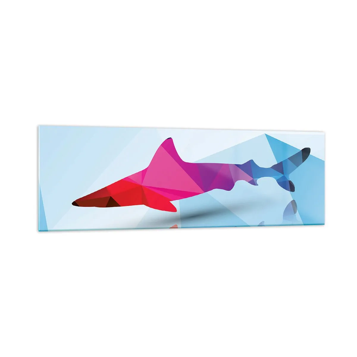 Impression sur verre - Image sur verre - Silhouette de requin géométrique dans les tons rose et bleu - 160x50cm - Un requin dans un espace de cristal - Décoration murale moderne pour le salon et la chambre ARTTOR