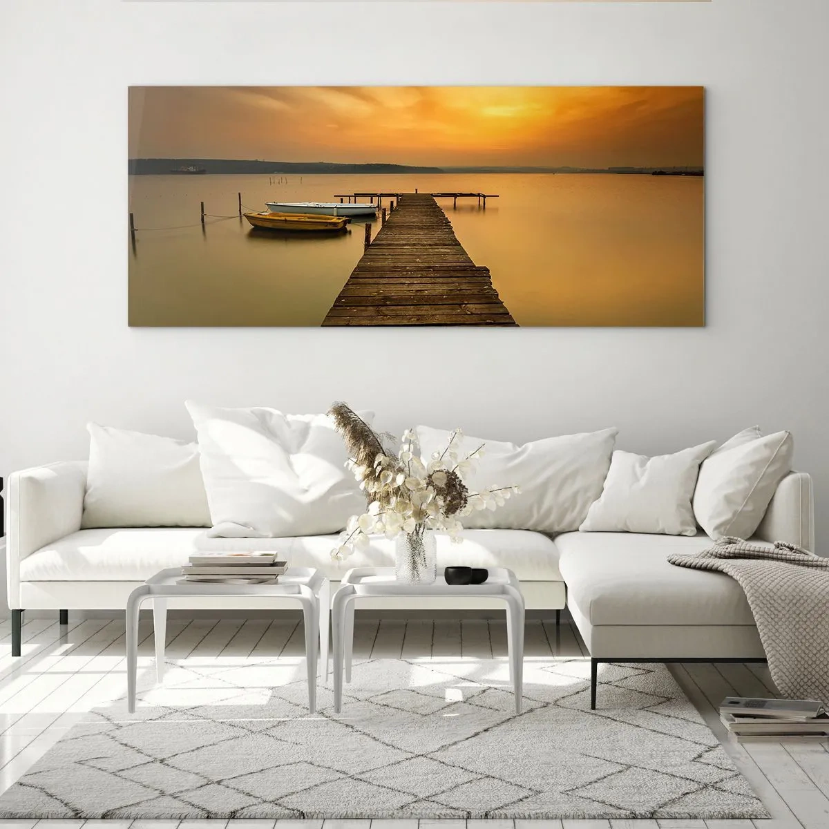 Impression sur verre - Image sur verre - Jetée en bois et bateaux sur le lac au coucher du soleil - 140x50cm - Je t'ouvrirai le ciel d'or - Décoration murale moderne pour le salon et la chambre ARTTOR
