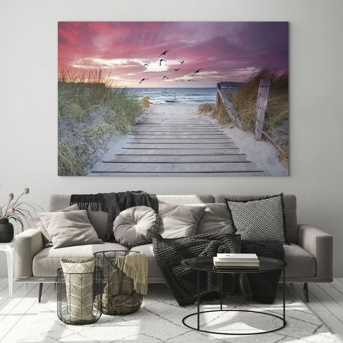Impression sur verre - Image sur verre - Chemin vers la plage au coucher du soleil avec des oiseaux qui volent - 100x70cm - Impression de la Baltique - Décoration murale moderne pour le salon et la chambre ARTTOR