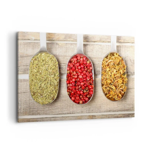Impression sur toile - Image sur toile - Trois cuillères en métal avec des épices sur un fond en bois - 100x70cm - Magie de la cuisine - Décoration murale moderne pour le salon et la chambre ARTTOR