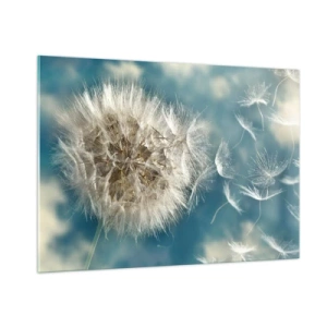 Impression sur verre - Image sur verre - Un pissenlit délicat contre le ciel avec des graines flottantes - 100x70cm - souffle d'ange - Décoration murale moderne pour le salon et la chambre ARTTOR