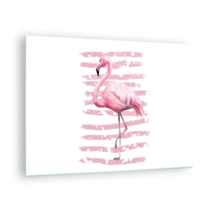 Impression sur verre - Image sur verre - Un flamant rose sur un fond de rayures roses artistiques. - 70x50cm - Avec dignité, bien qu'en rose - Décoration murale moderne pour le salon et la chambre ARTTOR
