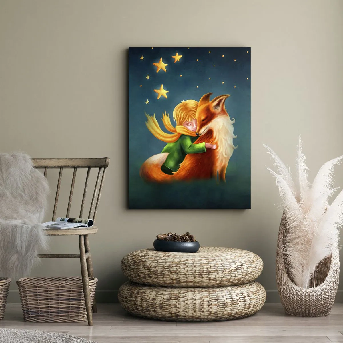 Impression sur toile - Image sur toile - Un garçon avec un renard dans un décor magique avec des étoiles - 80x120cm - Petit Prince - Décoration murale moderne pour le salon et la chambre ARTTOR