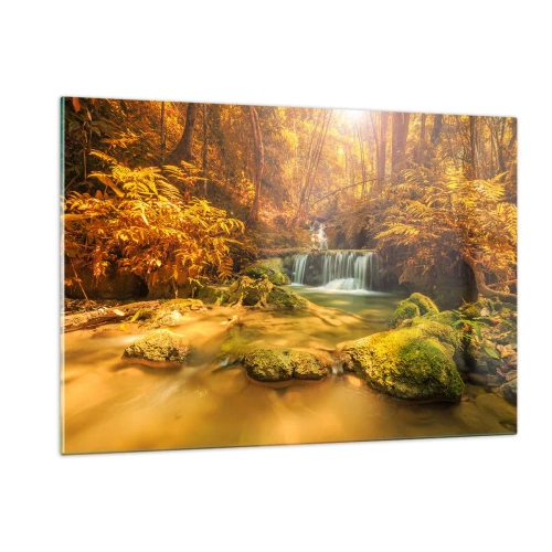 Impression sur verre - Image sur verre - Cascade forestière en or - 120x80cm - Cascade de forêt en or - Décoration murale moderne pour le salon et la chambre ARTTOR