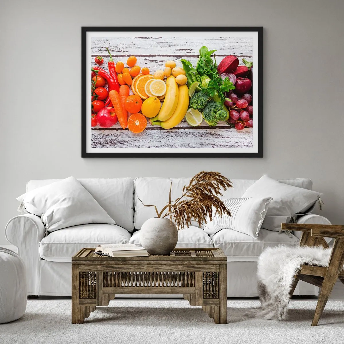 Affiche dans un cadre noir - Poster - Fruits et légumes colorés sur fond de bois - 70x50cm - Ce n'est pas suffisant? - Décoration murale moderne pour le salon et la chambre ARTTOR