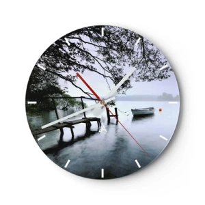 Horloge murale - Pendule murale - Un bateau sur un quai entouré d'arbres sur un lac calme - 30x30cm - Tu te reposes déjà - Décoration murale moderne pour le salon, la cuisine et la chambre ARTTOR