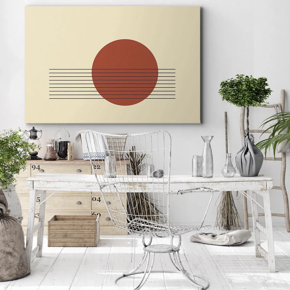 Impression sur toile - Image sur toile - Cercle rouge abstrait avec des lignes sur fond beige. - 120x80cm - Aux alentours et plus loin - Décoration murale moderne pour le salon et la chambre ARTTOR