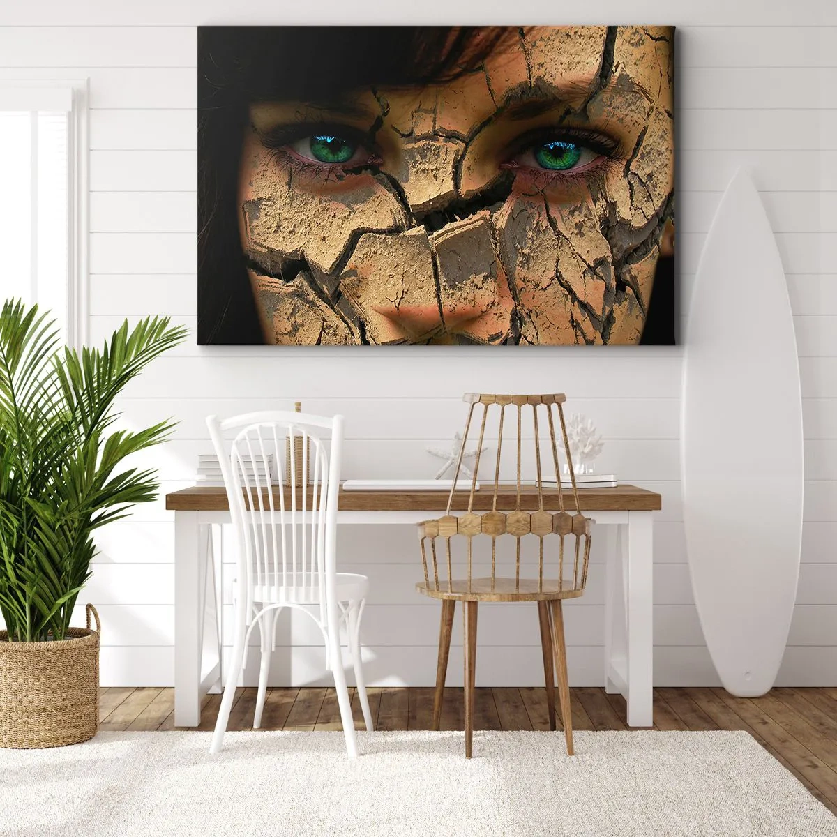 Impression sur toile - Image sur toile - Le visage d'une femme aux yeux verts recouvert d'une structure de terre craquelée - 100x70cm - Plaisir et effroi en même temps - Décoration murale moderne pour le salon et la chambre ARTTOR