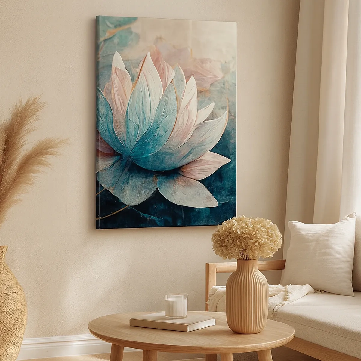 Impression sur toile - Image sur toile - De subtils nénuphars aux tons pastel de bleu et d'or - 50x70cm - Les étoiles du lac - Décoration murale moderne pour le salon et la chambre ARTTOR