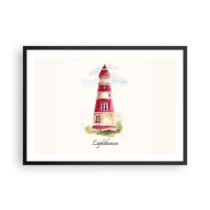 Affiche dans un cadre noir - Poster - Une aquarelle représentant un phare sur fond clair avec une inscription - 70x50cm - Il y a toujours beau temps autour - Décoration murale moderne pour le salon et la chambre ARTTOR