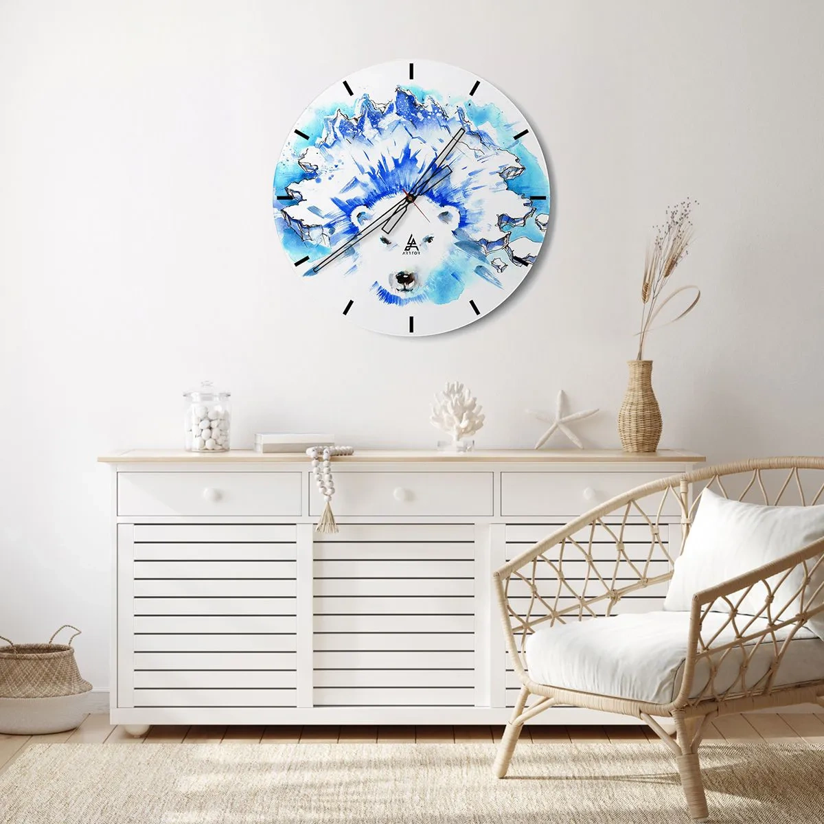 Horloge murale - Pendule murale - Un ours blanc avec une couronne glacée dans des tons bleus et blancs - 30x30cm - Le roi de l'Arctique dans une couronne de glace - Décoration murale moderne pour le salon, la cuisine et la chambre ARTTOR